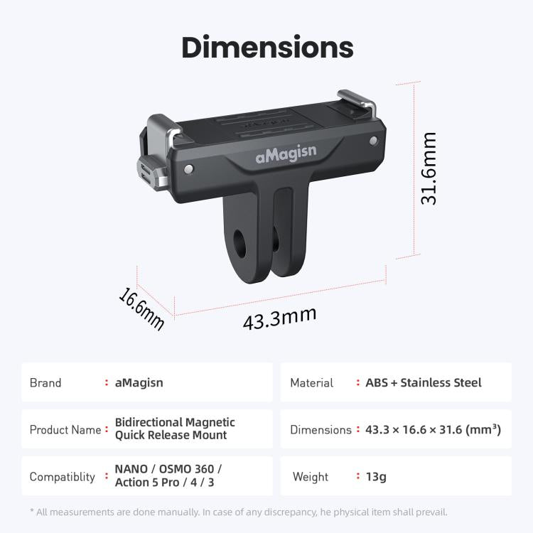 Soporte magnético bidireccional de liberación rápida aMagisn TN10 para DJI Nano / Osmo 360 / Action 5 Pro / 4 / 3, TN10 ABS