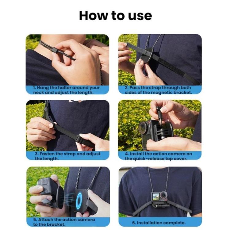 Soporte magnético para cámara de acción Flymile para montar en el cuello, compatible con DJI Osmo 360 / Pocket 3 / Action 5 Pro / Insta360 X5