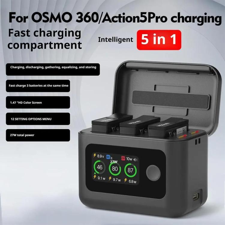 Con base de carga inteligente para pantalla y gestor de carga para DJI Osmo 360 / Action 5 Pro / Action 4 / Action 3. Batería no incluida., RCSTQ 5 In 1