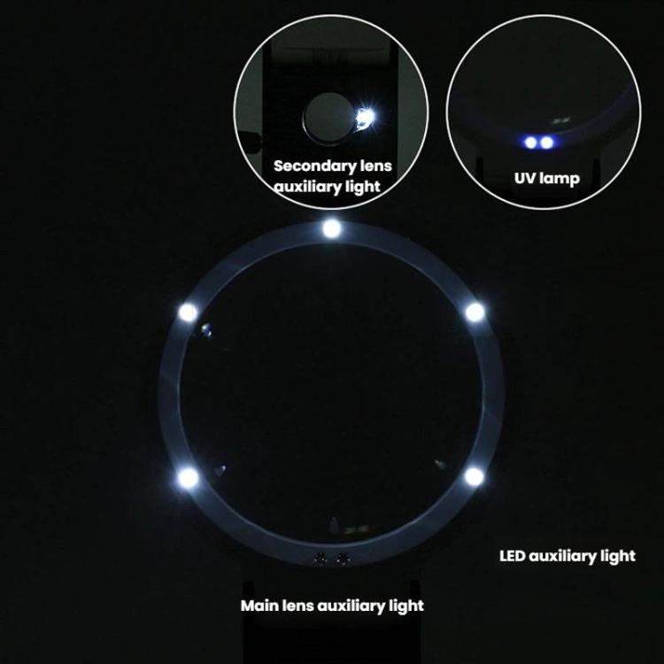 Lupa de escritorio plegable con LED para la lectura e identificación de joyas antiguas., 80mm 6X / 25X, 90mm 5X / 25X, 110mm 3.5X / 25X
