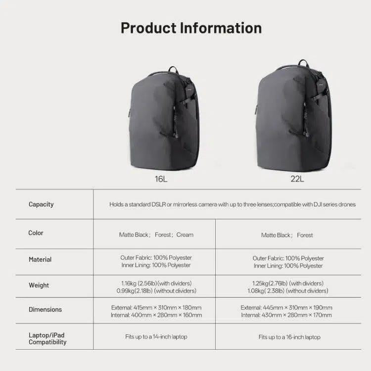 Mochila para cámara, portátil, DSLR, sin espejo y drones. Ideal para fotografía creativa y para el uso diario., 16L 14inch, 22L 16inch
