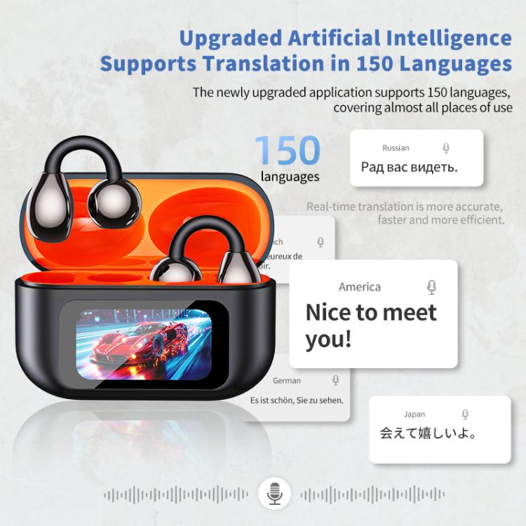 Traductor inteligente con IA en 150 idiomas, auriculares Bluetooth con pantalla a color y compartimento de carga.