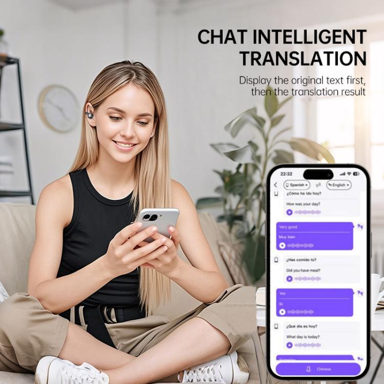 Traductor inteligente con IA en 150 idiomas, auriculares Bluetooth con pantalla a color y compartimento de carga.