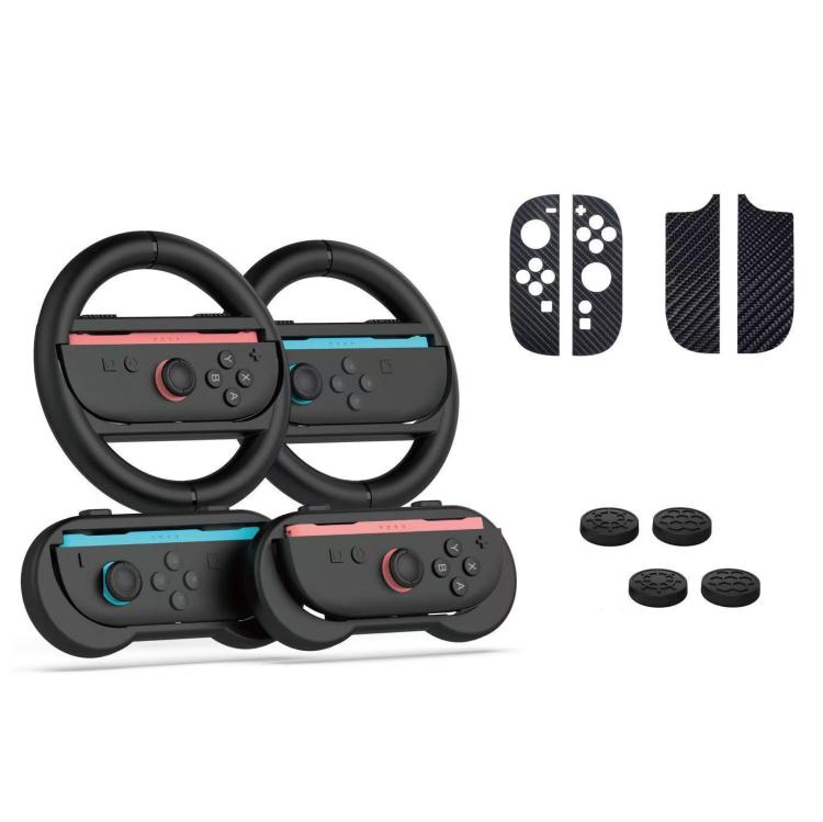 Paquete de accesorios PGTECH 10 en 1 para Nintendo Switch 2: volantes, empuñaduras y tapas para joysticks.