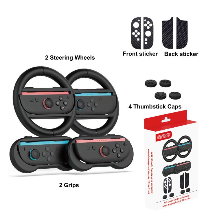 Paquete de accesorios PGTECH 10 en 1 para Nintendo Switch 2: volantes, empuñaduras y tapas para joysticks.