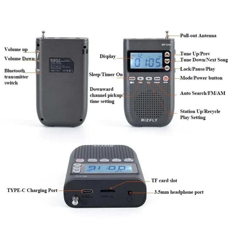 Radio transmisora Bluetooth portátil de 2 bandas FM/AM RIZFLY MY518