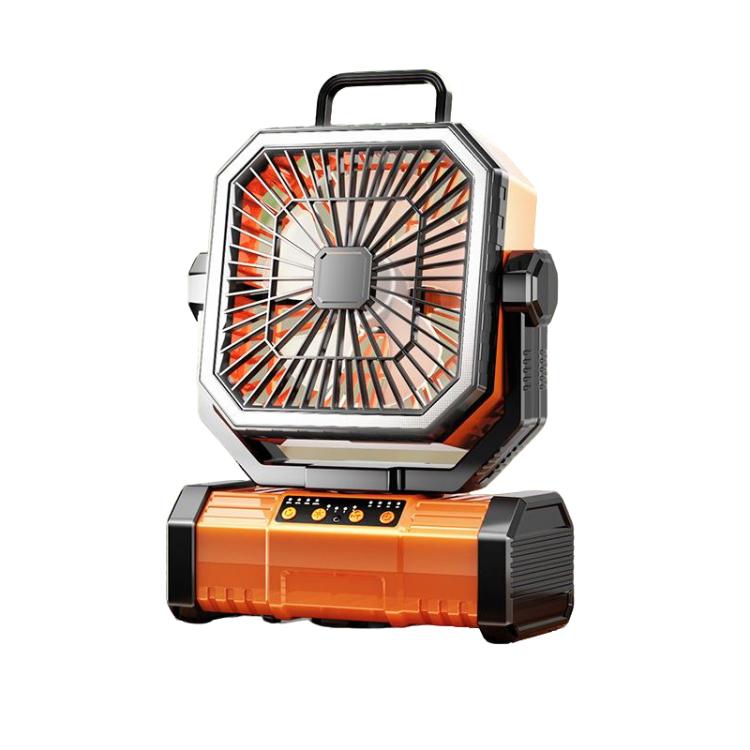 Ventilador oscilante USB con control remoto y luz portátil para acampar.