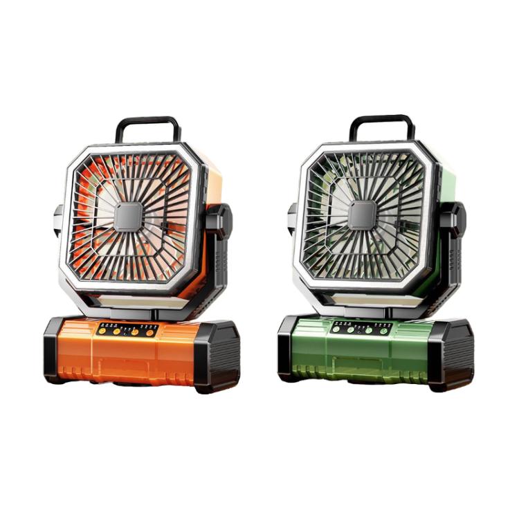 Ventilador oscilante USB con control remoto y luz portátil para acampar.