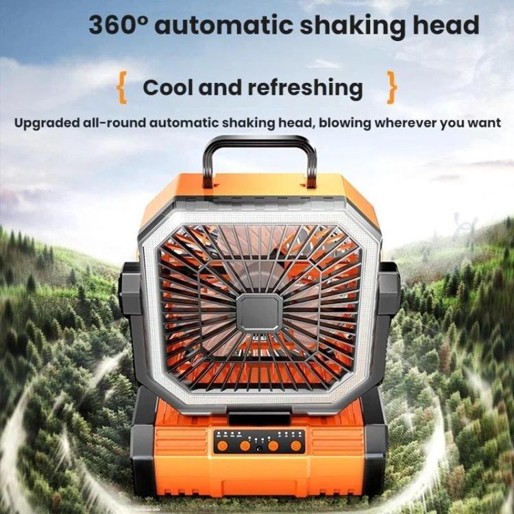 Ventilador oscilante USB con control remoto y luz portátil para acampar.