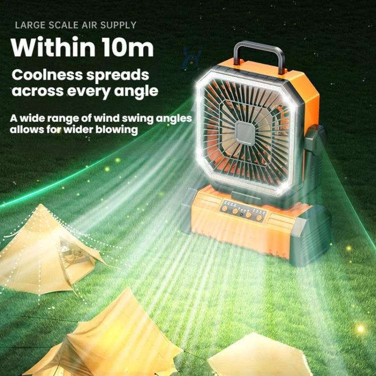 Ventilador oscilante USB con control remoto y luz portátil para acampar.