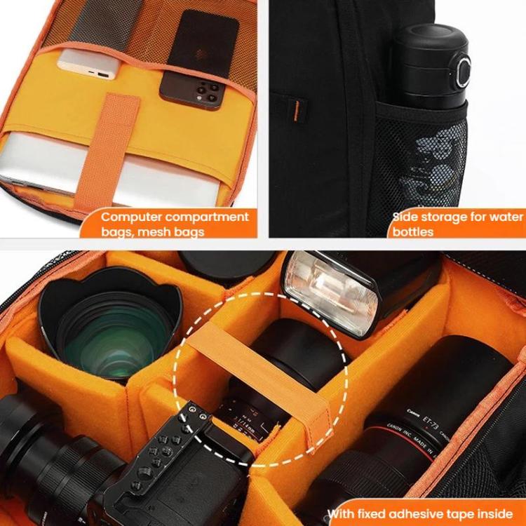 Mochila impermeable para cámara DSLR XINQUAN para exteriores, ideal para fotografía y con gran capacidad para portátil., Black Orange