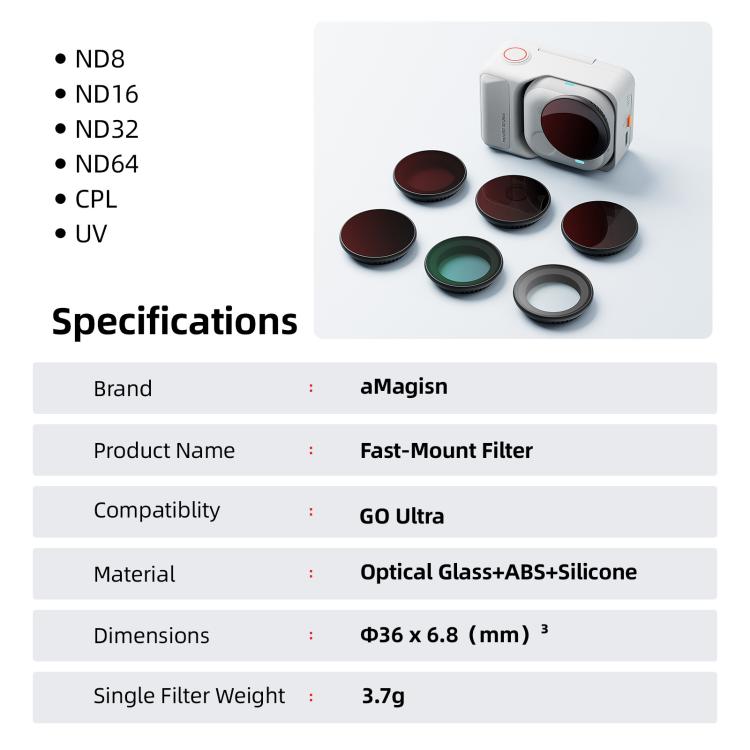 Filtros de lente de liberación rápida aMagisn para accesorios de cámara Insta360 GO Ultra, UV, CPL, ND8+ND16+ND32+ND64, ND8+ND16+ND32+CPL