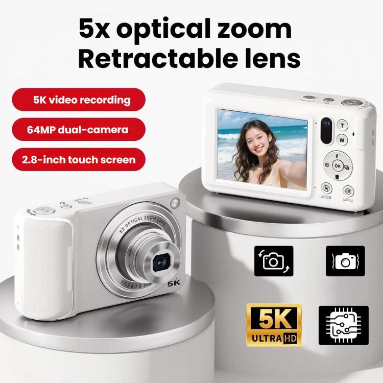 Cámara digital DC309X con zoom óptico 6x, 64 MP y vídeo 5K, pantalla táctil de 2,8 pulgadas y doble lente frontal/trasera., EU Plug White, EU Plug Black, US Plug White, US Plug Black, UK Plug White, UK Plug Black
