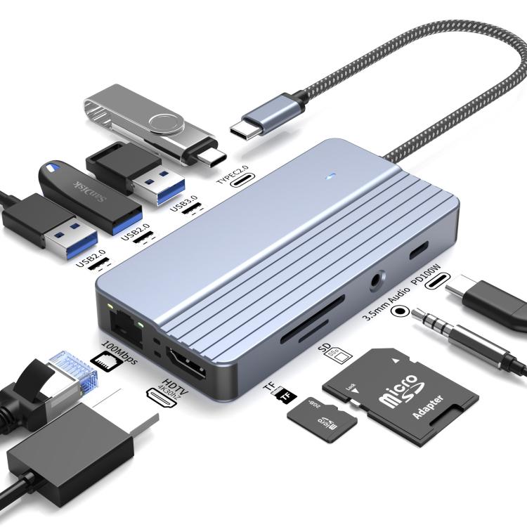 Hub USB-C/Tipo-C 10 en 1 con suministro de energía de 100 W, HDMI 4K a 30 Hz, puertos USB 3.0/2.0, lector de tarjetas SD/TF, Ethernet de 100 Mbps y conector de audio., 10 In 1