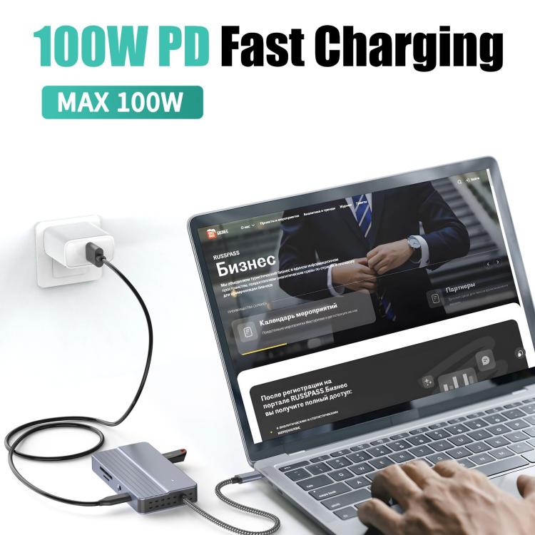 Hub USB-C/Tipo-C 10 en 1 con suministro de energía de 100 W, HDMI 4K a 30 Hz, puertos USB 3.0/2.0, lector de tarjetas SD/TF, Ethernet de 100 Mbps y conector de audio., 10 In 1