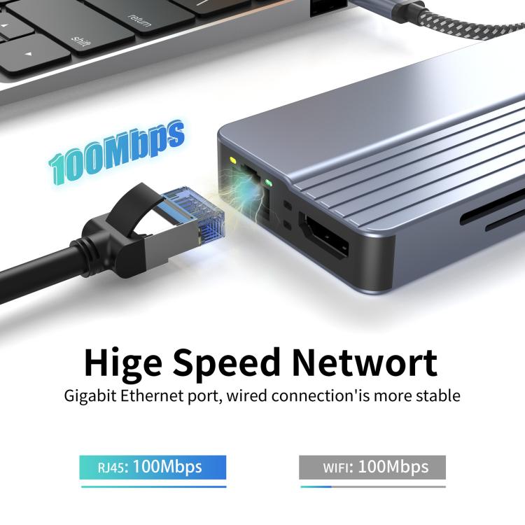 Hub USB-C/Tipo-C 10 en 1 con suministro de energía de 100 W, HDMI 4K a 30 Hz, puertos USB 3.0/2.0, lector de tarjetas SD/TF, Ethernet de 100 Mbps y conector de audio., 10 In 1