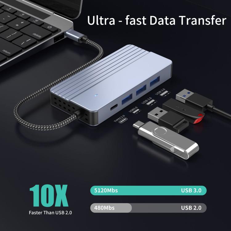 Hub USB-C/Tipo-C 10 en 1 con suministro de energía de 100 W, HDMI 4K a 30 Hz, puertos USB 3.0/2.0, lector de tarjetas SD/TF, Ethernet de 100 Mbps y conector de audio., 10 In 1