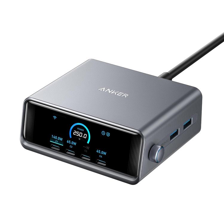 ANKER Prime Cargador rápido de nitruro de galio de 250 W con 4 puertos Tipo-C + 2 USB, estación de carga inteligente de escritorio con pantalla de 6 puertos, enchufe estadounidense., A2345