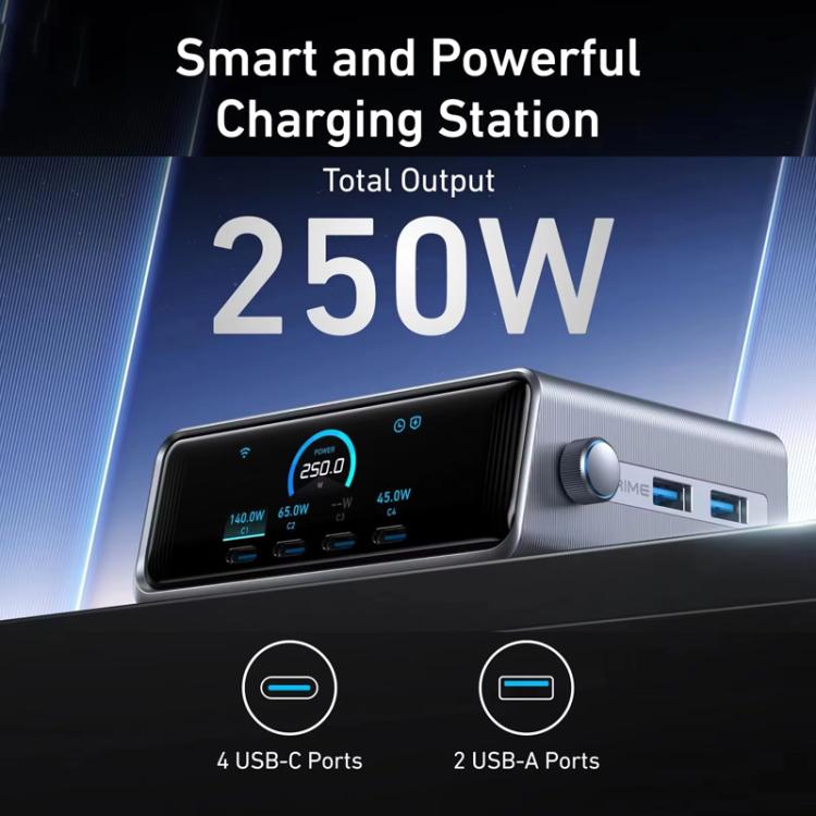 ANKER Prime Cargador rápido de nitruro de galio de 250 W con 4 puertos Tipo-C + 2 USB, estación de carga inteligente de escritorio con pantalla de 6 puertos, enchufe estadounidense., A2345