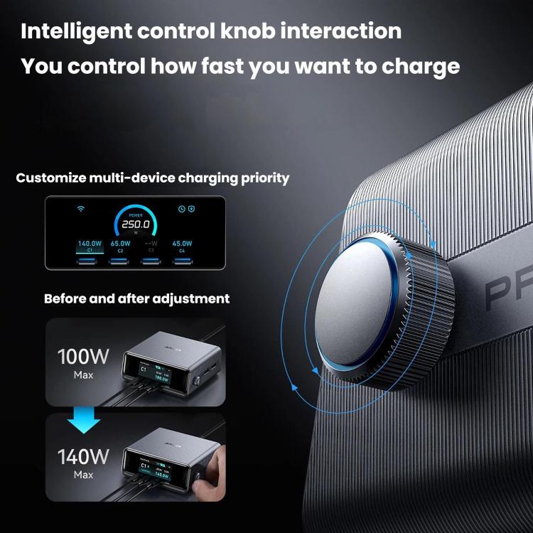 ANKER Prime Cargador rápido de nitruro de galio de 250 W con 4 puertos Tipo-C + 2 USB, estación de carga inteligente de escritorio con pantalla de 6 puertos, enchufe estadounidense., A2345