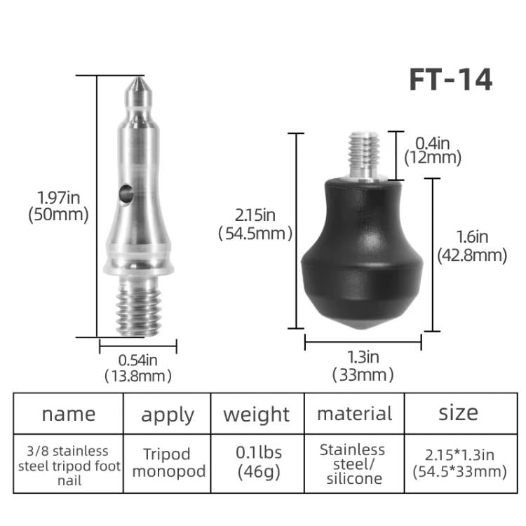 Trípode/monopié de 3/8 de pulgada, doble uso, con almohadilla antideslizante de goma y punta de acero inoxidable., FT-14