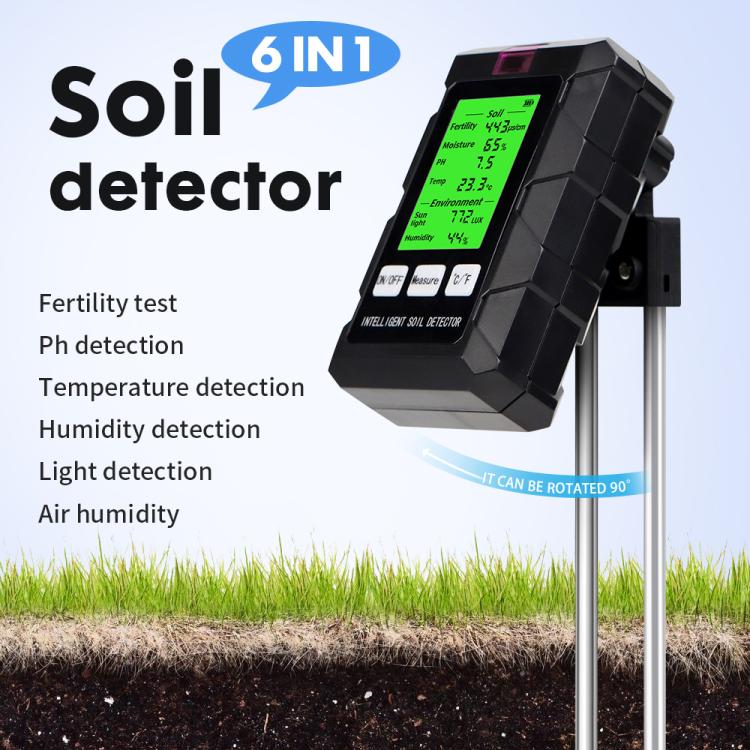 Analizador de suelo 6 en 1: Fertilidad/pH/Temperatura/Humedad/Luz y detector de humedad del aire