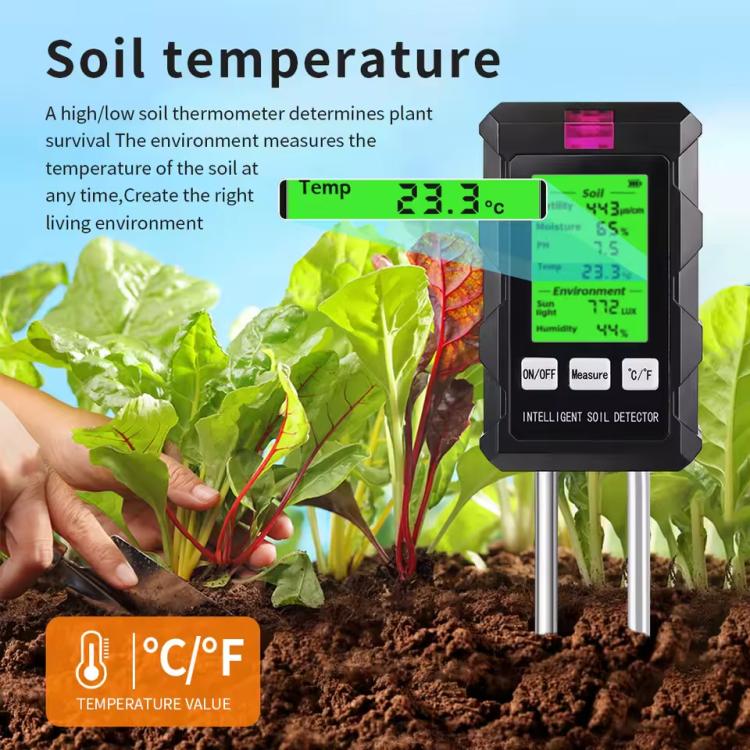 Analizador de suelo 6 en 1: Fertilidad/pH/Temperatura/Humedad/Luz y detector de humedad del aire