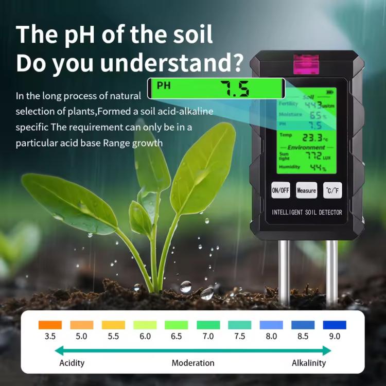 Analizador de suelo 6 en 1: Fertilidad/pH/Temperatura/Humedad/Luz y detector de humedad del aire
