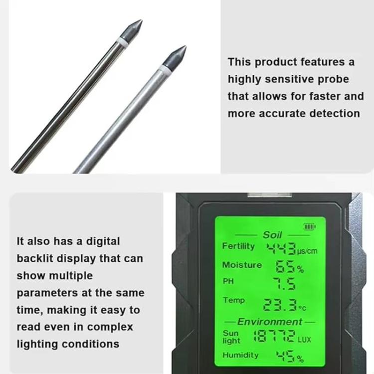 Analizador de suelo 6 en 1: Fertilidad/pH/Temperatura/Humedad/Luz y detector de humedad del aire