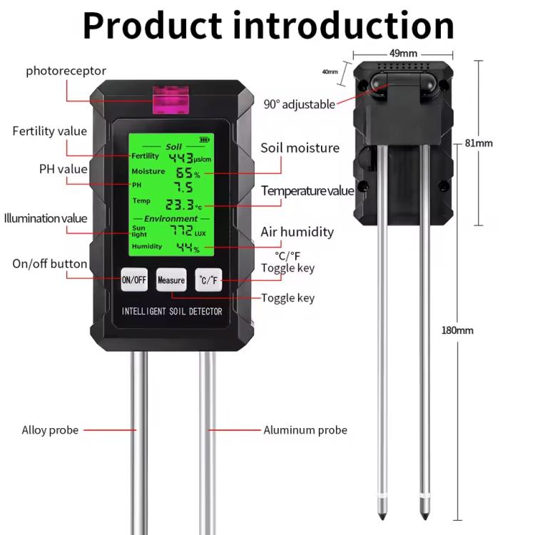 Analizador de suelo 6 en 1: Fertilidad/pH/Temperatura/Humedad/Luz y detector de humedad del aire