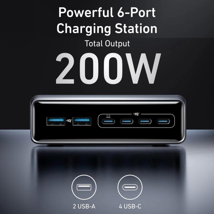 Cargador de escritorio Prime de 200 W con nitruro de galio, 4 puertos tipo C + 2 puertos USB, base de carga con 6 puertos y enchufe estadounidense., A2683