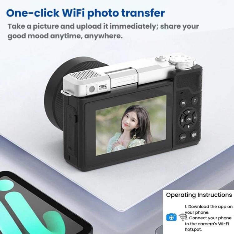 Cámara digital con pantalla abatible 5K y doble lente con función de embellecimiento