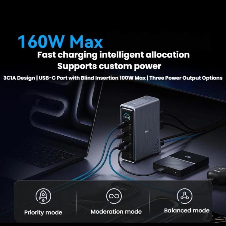 ANKER A83B6 14 en 1 Prime 160W Estación de carga para pantalla digital de escritorio HDMI HD Cast Screen, enchufe estadounidense, A83B6