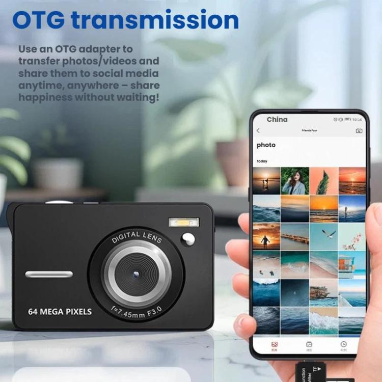 Cámara digital básica CDF6 con enfoque automático para fotos de 64 MP y vídeo 4K, pantalla LCD de 2,8 pulgadas y flash incorporado.