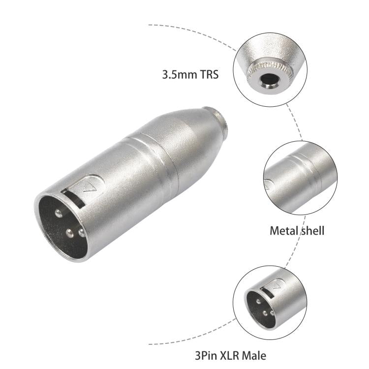 Adaptador de audio con carcasa metálica, conector hembra de 3,5 mm y conector TRS de 1/8" a conector XLR macho Carnott.