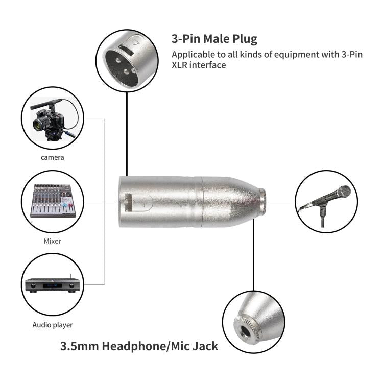 Adaptador de audio con carcasa metálica, conector hembra de 3,5 mm y conector TRS de 1/8" a conector XLR macho Carnott.