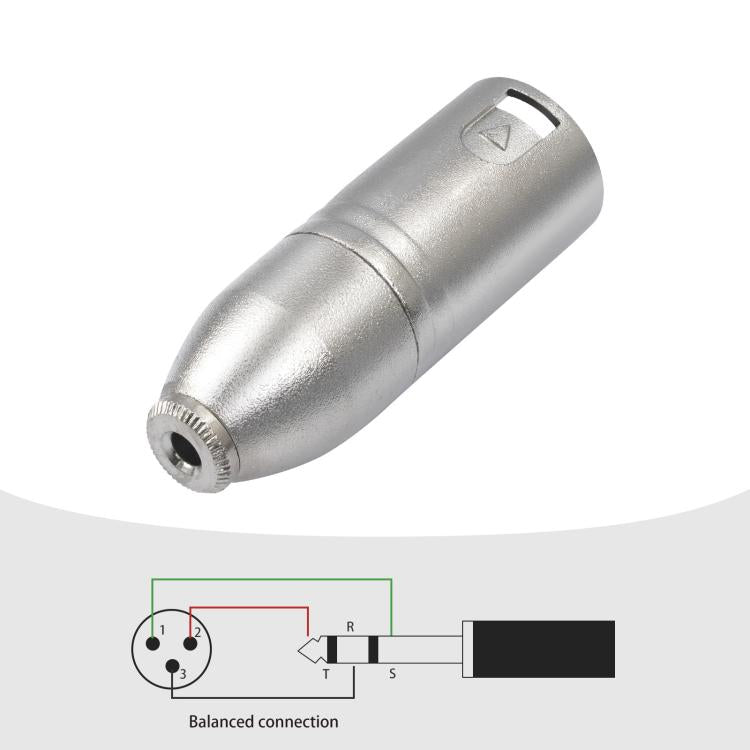 Adaptador de audio con carcasa metálica, conector hembra de 3,5 mm y conector TRS de 1/8" a conector XLR macho Carnott.