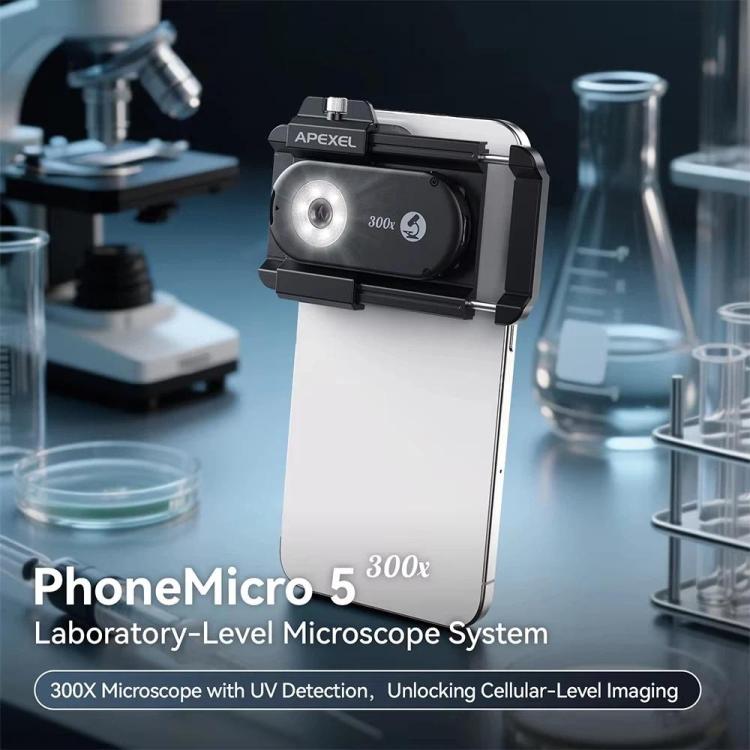 Microscopio para smartphone APEXEL PhoneMicro 5, 300X, luz dual + UV, iluminación multimodo., APL-MS300