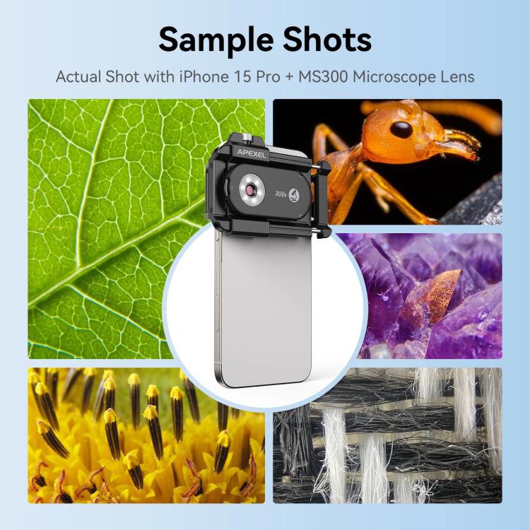 Microscopio para smartphone APEXEL PhoneMicro 5, 300X, luz dual + UV, iluminación multimodo., APL-MS300