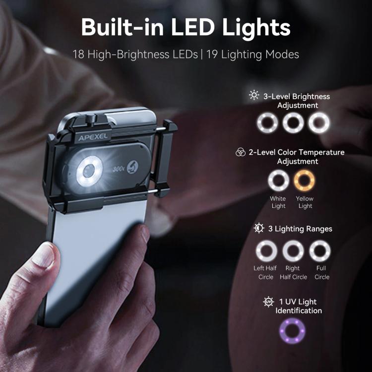 Microscopio para smartphone APEXEL PhoneMicro 5, 300X, luz dual + UV, iluminación multimodo., APL-MS300