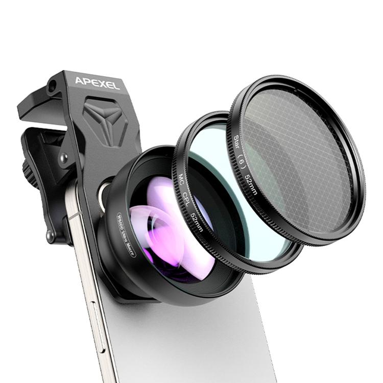 Kit de lente macro APEXEL HB100U con filtro CPL de 52 mm y filtro de estrella para smartphones. Juego de lentes 3 en 1 para cámara de teléfono., APL-HB100U52MM