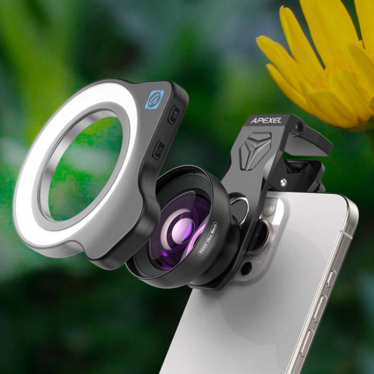 Kit de fotografía macro APEXEL HB100 Ultra Macro y luz de relleno FL26 para smartphones, APL-HB100UFL26