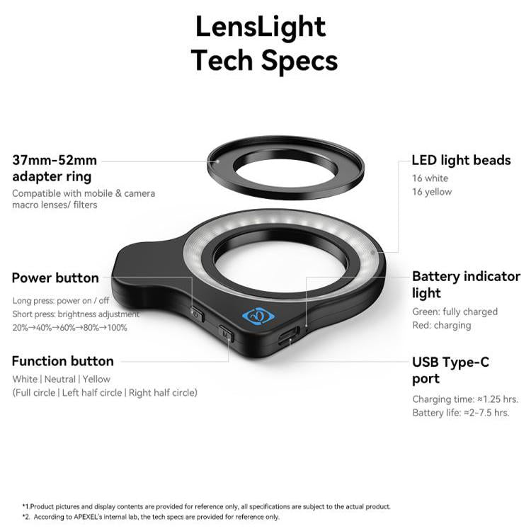 Kit de fotografía macro APEXEL HB100 Ultra Macro y luz de relleno FL26 para smartphones, APL-HB100UFL26