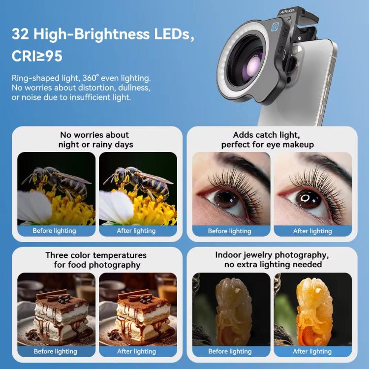 Kit de fotografía macro APEXEL HB100 Ultra Macro y luz de relleno FL26 para smartphones, APL-HB100UFL26