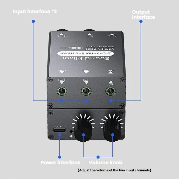 Selector de audio de 3,5 mm con dos entradas AUX de 3,5 mm y una única salida con control de volumen independiente., 3.5mm AUX Inputs To 1 Output