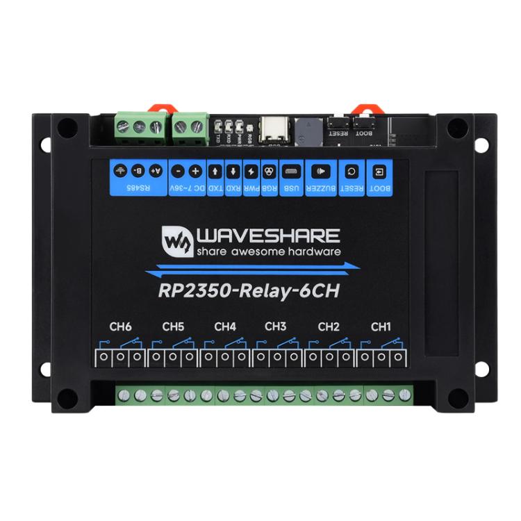 Módulo de relés de 6 canales WAVESHARE RP2350 para control industrial, basado en el microcontrolador RP2350, compatible con interfaces externas RS485 y Pico., Without Wi-Fi Module