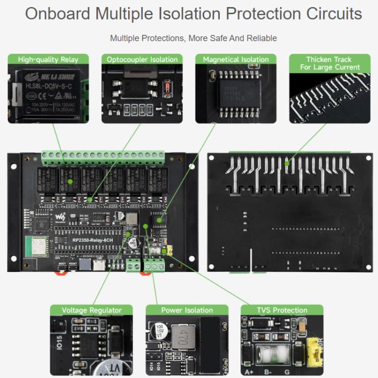 Módulo de relés de 6 canales WAVESHARE RP2350 para control industrial, basado en el microcontrolador RP2350, compatible con interfaces externas RS485 y Pico., Without Wi-Fi Module