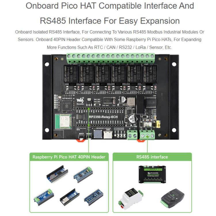 Módulo de relés de 6 canales WAVESHARE RP2350 para control industrial, basado en el microcontrolador RP2350, compatible con interfaces externas RS485 y Pico., Without Wi-Fi Module