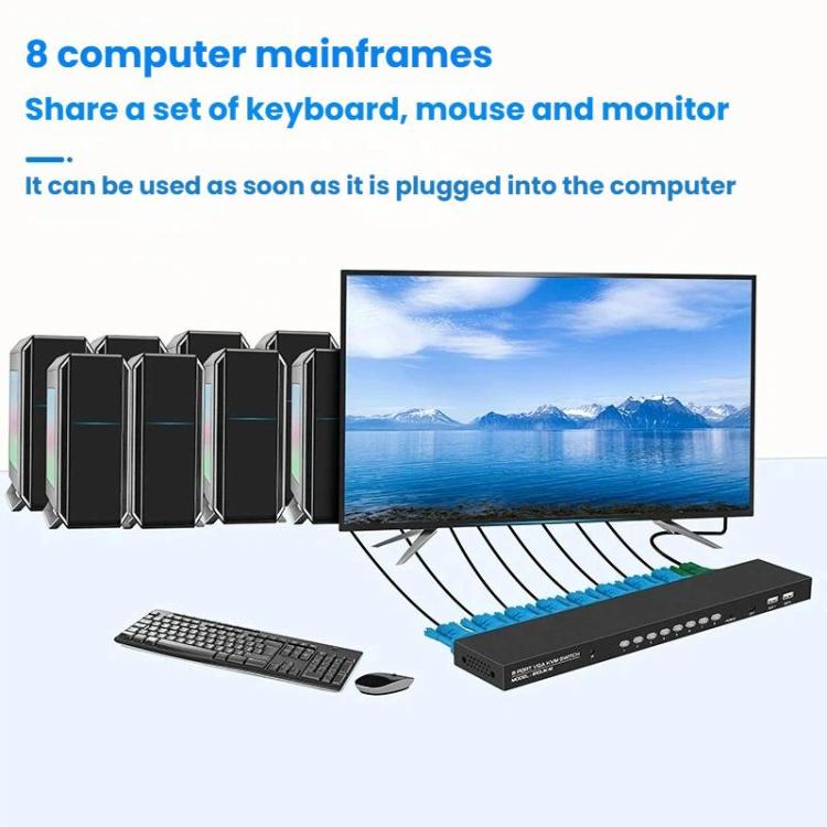 Convertidor KVM VGA de 8 entradas y 1 salida para compartir monitor entre múltiples ordenadores con mando a distancia por infrarrojos., FJGEAR 810UK-M