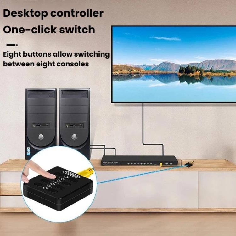 Convertidor KVM VGA de 8 entradas y 1 salida para compartir monitor entre múltiples ordenadores con mando a distancia por infrarrojos., FJGEAR 810UK-M
